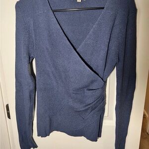 Max Studio Blue Ribbed Wrap Top